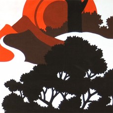 Sunset landscape art print fabric 1960s/70s