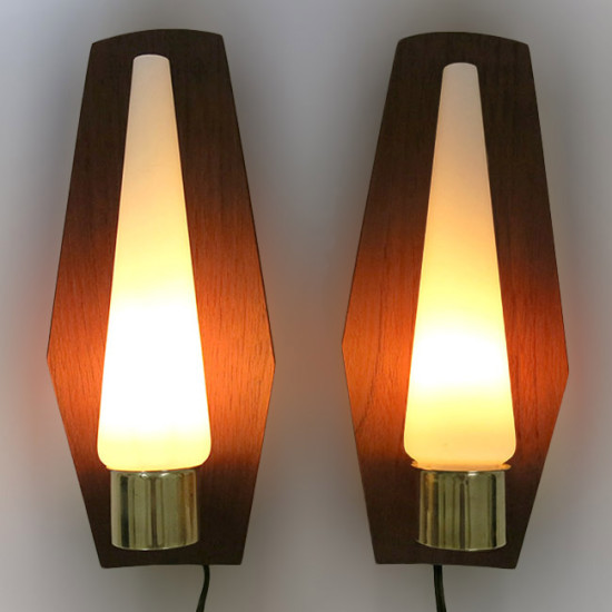 Brass, teak and glass Danish modern wall lamp pair