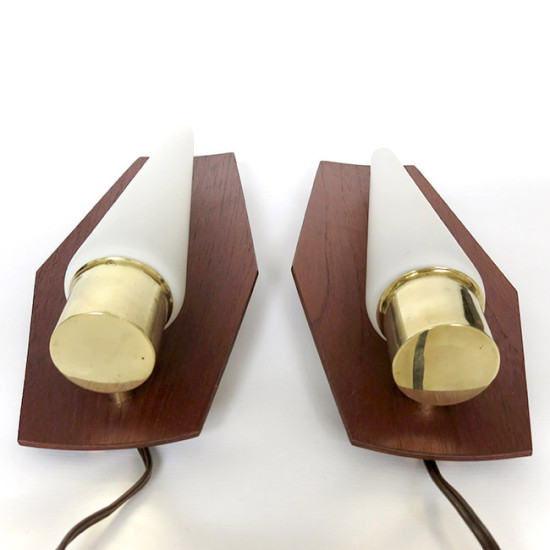 Brass, teak and glass Danish modern wall lamp pair