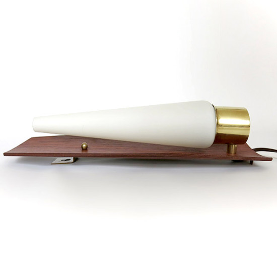 Brass, teak and glass Danish modern wall lamp pair