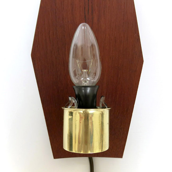 Brass, teak and glass Danish modern wall lamp pair