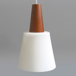 Classic 1950s Danish modern white cased glass and teak pendant light