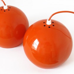 Danish space-age ball pendant lights pair in glossy bright orange, 1960s