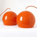 Danish space-age ball pendant lights pair in glossy bright orange, 1960s  