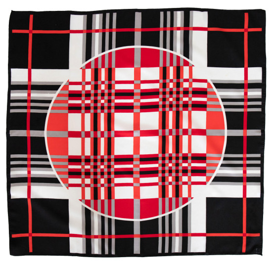 Vintage headscarf with geometric design in reds and neutrals, 1970s