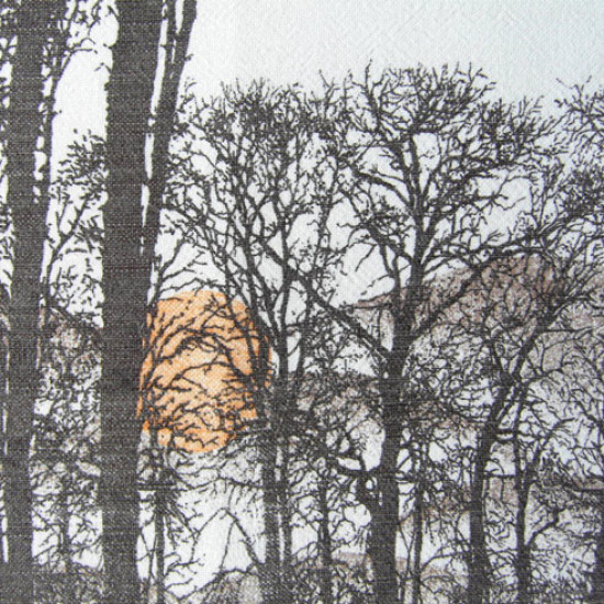 Curtain with landscape of winter trees at sunset